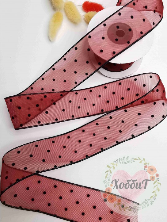 Лента органза "Горошек" 3,8см. (бордовый)